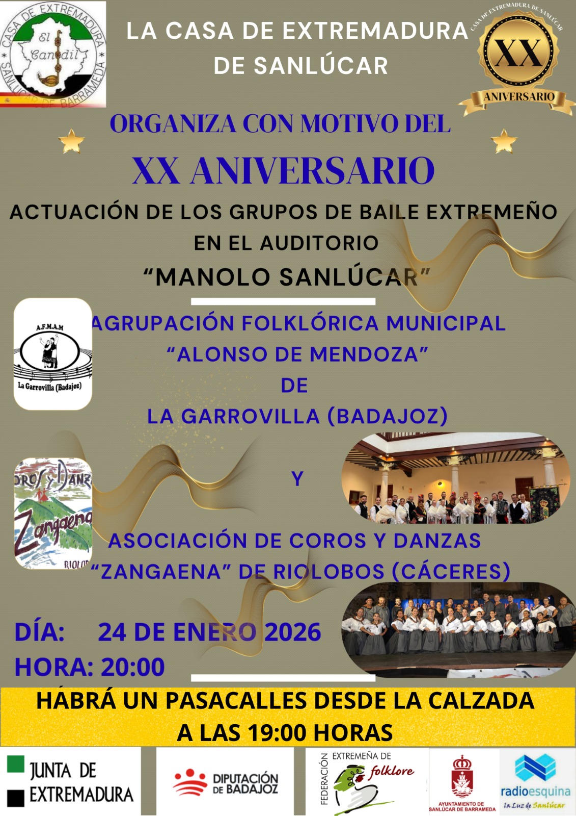 Actuación de grupos de baile extremeño con motivo del XX aniversario de la Casa de Extremadura